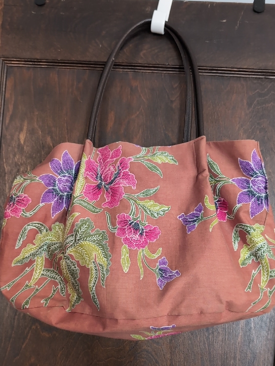 Handbags - Boho Style Floral Tote Bag in Rust with Pink & Purple Flowers